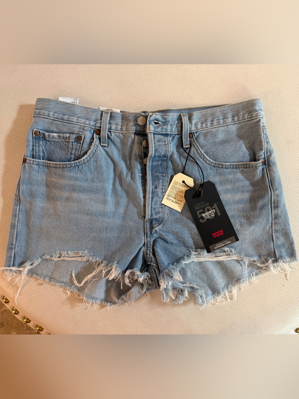 Levi's Light Blue Frayed Hem Denim Shorts 501 Shorts. High rise,